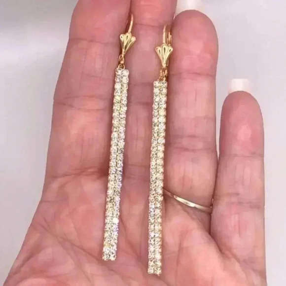 18k Gold Filled AAA Cubic Zirconia Long Bar Glamorous Drop Earrings - Picture 1 of 6